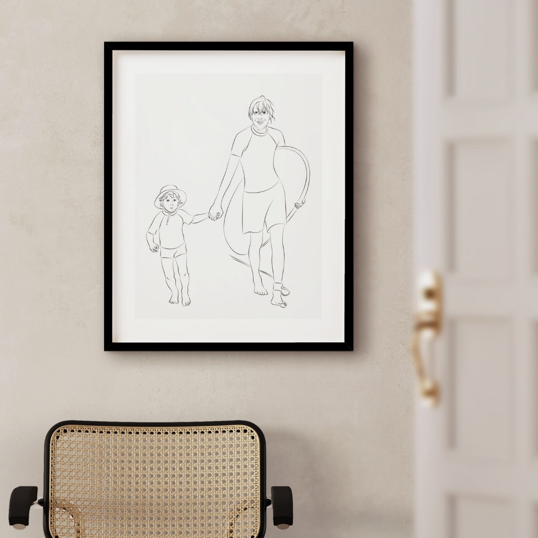 Sohn und Vater beim Surfen, illustriert in Line Art